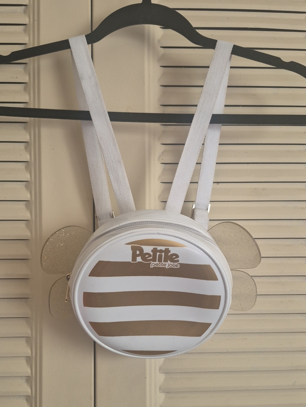 petite jolie White & Gold Striped Round  Backpack with Glitter Ears